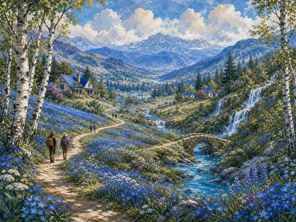 Sapphire Meadow Path, an illustrated dream landscapes jigsaw puzzle scene