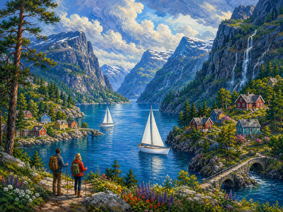 Sapphire Northern Fjord, an illustrated dream landscapes jigsaw puzzle scene