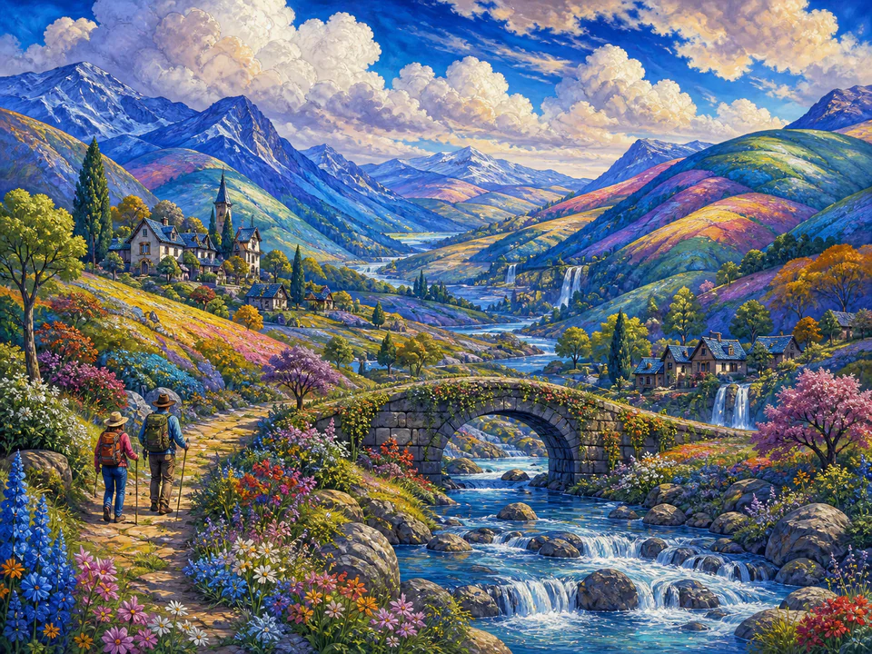Sapphire Rainbow Hills, an illustrated dream landscapes jigsaw puzzle scene