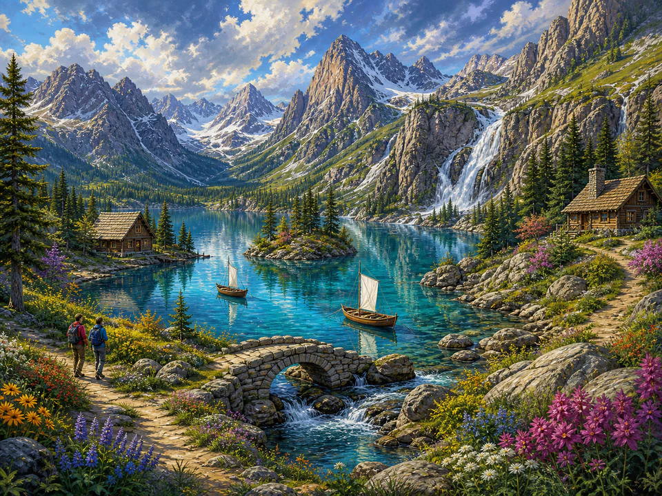 Wild Mountain Lake, an illustrated dream landscapes jigsaw puzzle scene