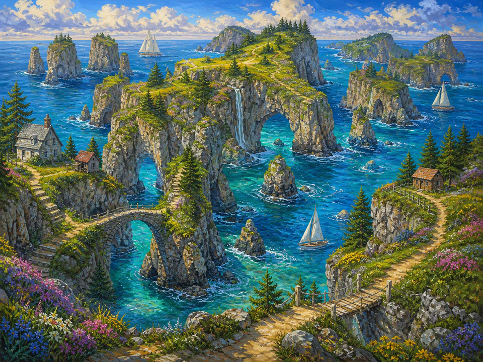 Wild Island Cliffs, an illustrated dream landscapes jigsaw puzzle scene