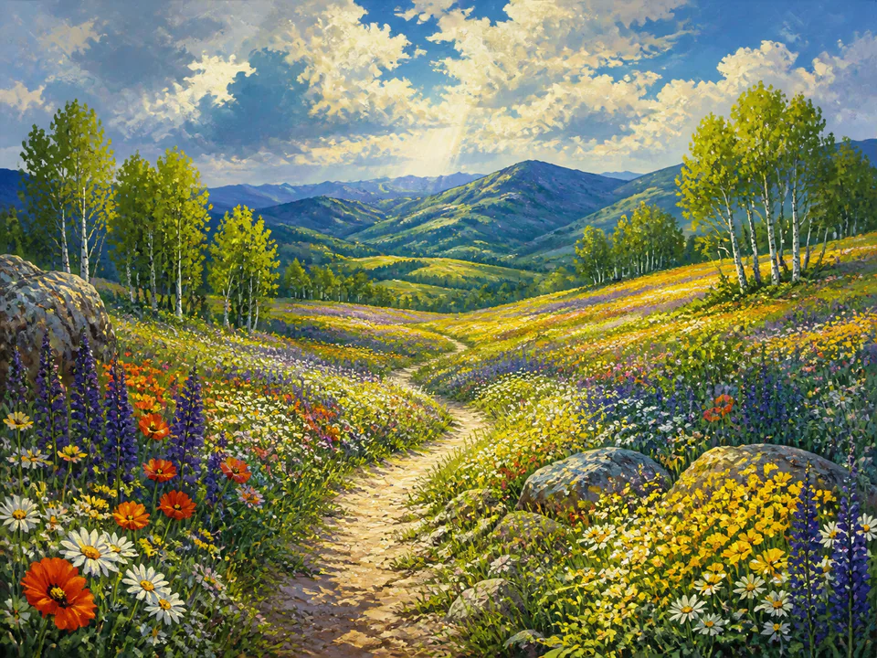 Wild Meadow Path, an illustrated dream landscapes jigsaw puzzle scene