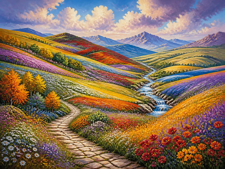 Wild Rainbow Hills, an illustrated dream landscapes jigsaw puzzle scene