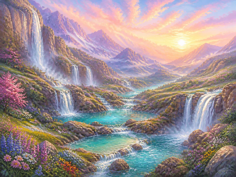 Pastel Waterfall Valley, an illustrated dream landscapes jigsaw puzzle scene