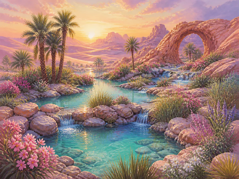 Pastel Desert Oasis, an illustrated dream landscapes jigsaw puzzle scene