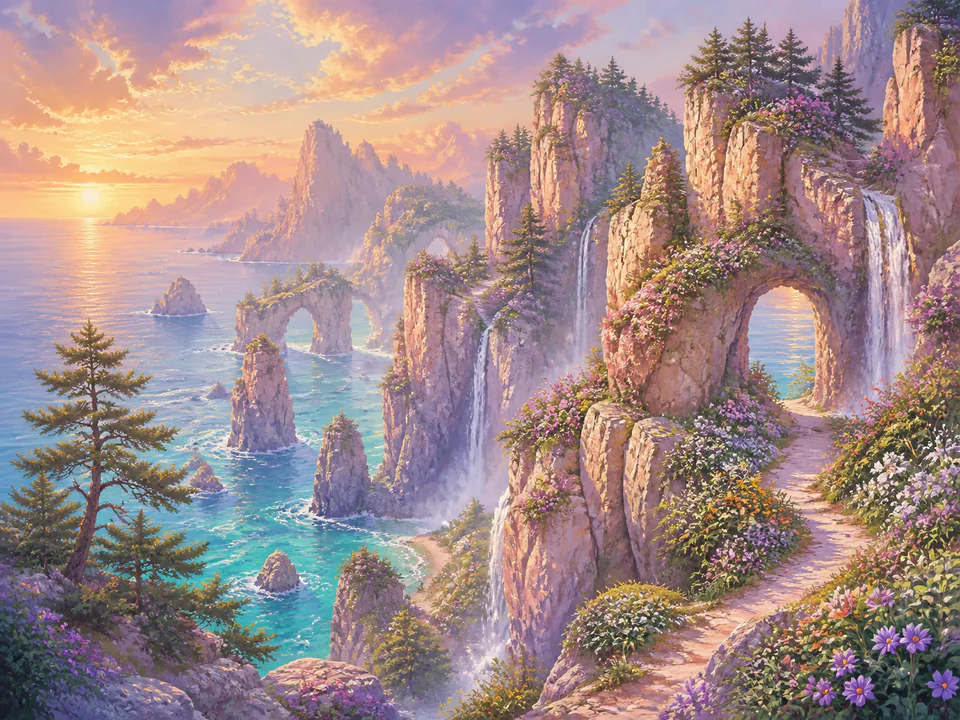 Pastel Island Cliffs, an illustrated dream landscapes jigsaw puzzle scene