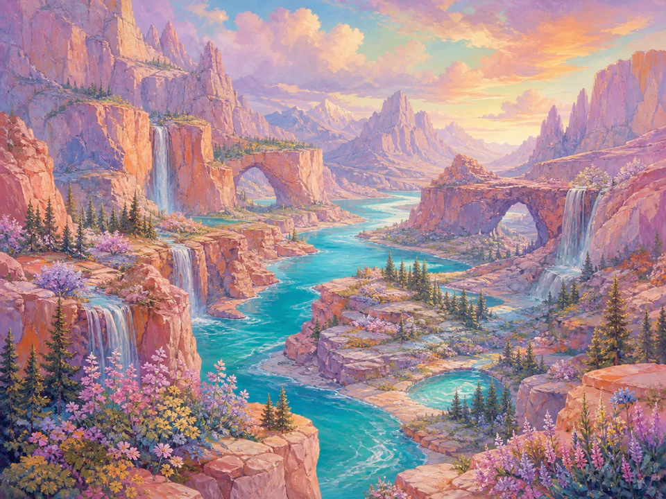 Pastel River Canyon, an illustrated dream landscapes jigsaw puzzle scene