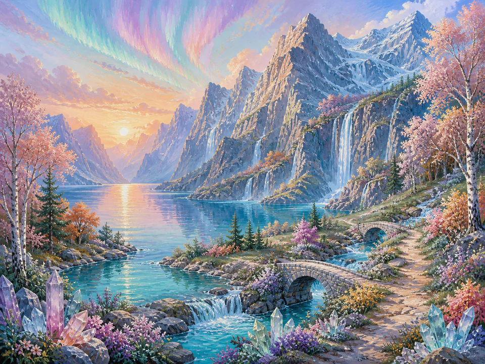 Pastel Northern Fjord, an illustrated dream landscapes jigsaw puzzle scene