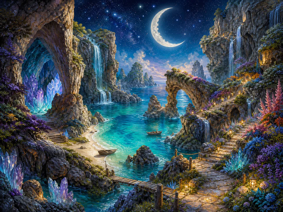 Pastel Hidden Bay, an illustrated dream landscapes jigsaw puzzle scene