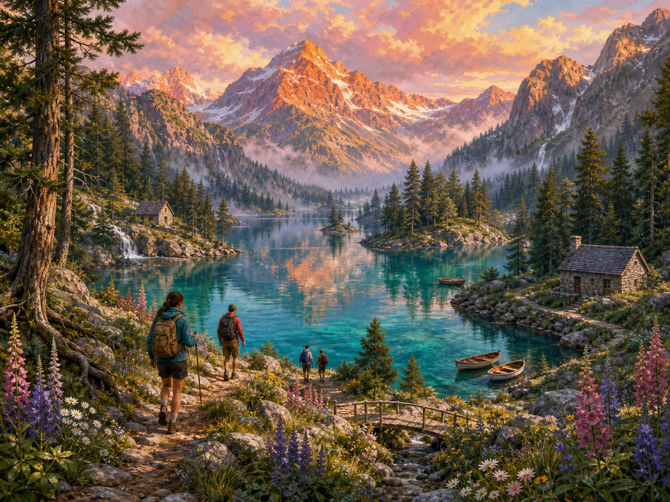 Dawn Mountain Lake, an illustrated dream landscapes jigsaw puzzle scene