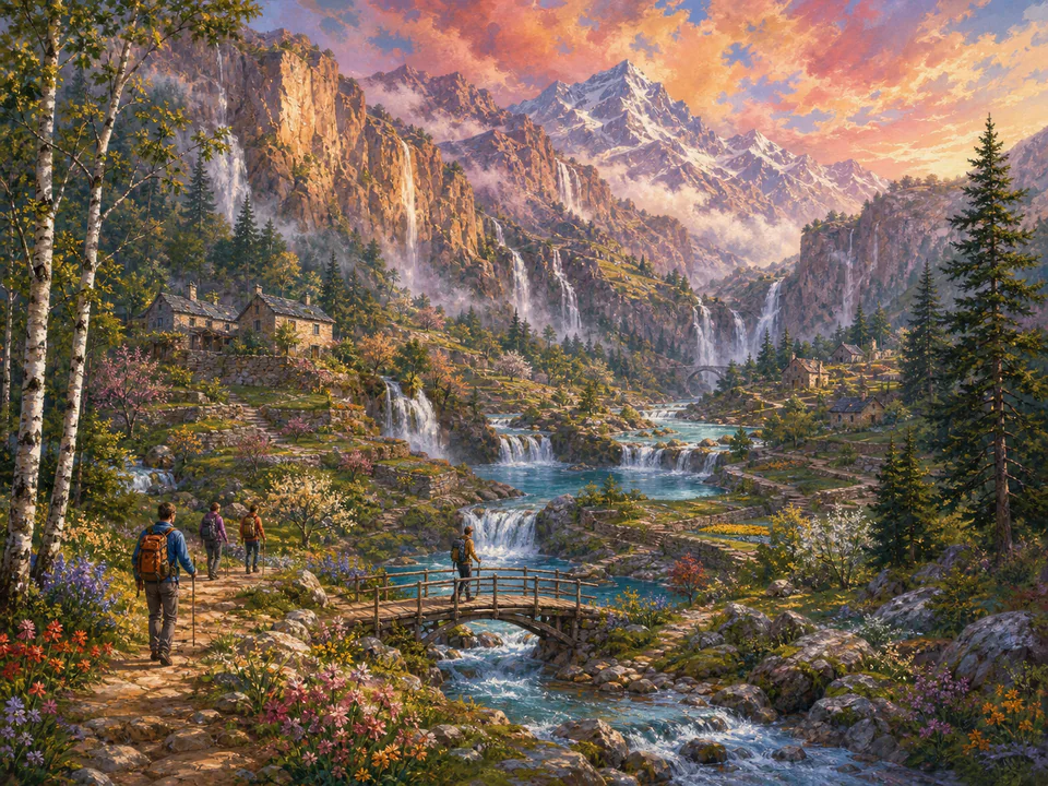Dawn Waterfall Valley, an illustrated dream landscapes jigsaw puzzle scene