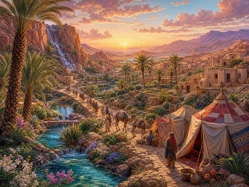Dawn Desert Oasis, an illustrated dream landscapes jigsaw puzzle scene