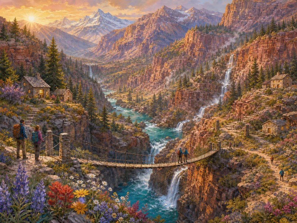 Dawn River Canyon, an illustrated dream landscapes jigsaw puzzle scene