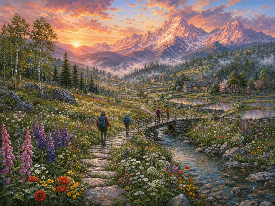 Dawn Meadow Path, an illustrated dream landscapes jigsaw puzzle scene
