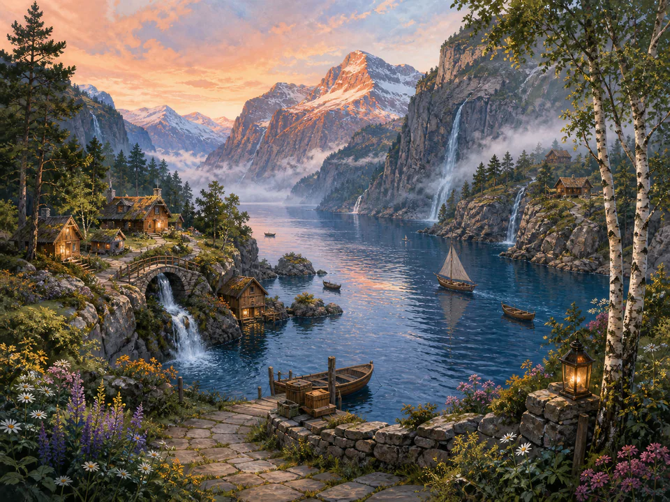 Dawn Northern Fjord, an illustrated dream landscapes jigsaw puzzle scene