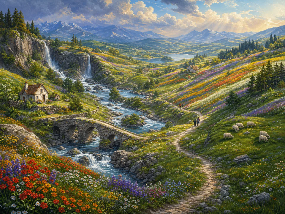 Dawn Rainbow Hills, an illustrated dream landscapes jigsaw puzzle scene