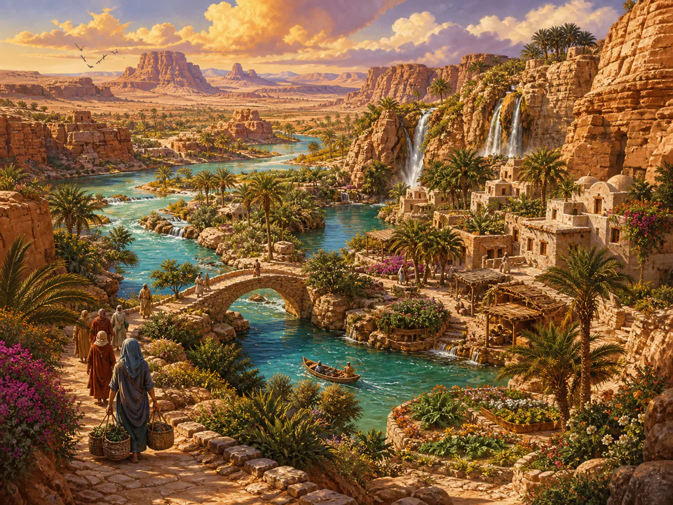 Emerald Desert Oasis, an illustrated dream landscapes jigsaw puzzle scene