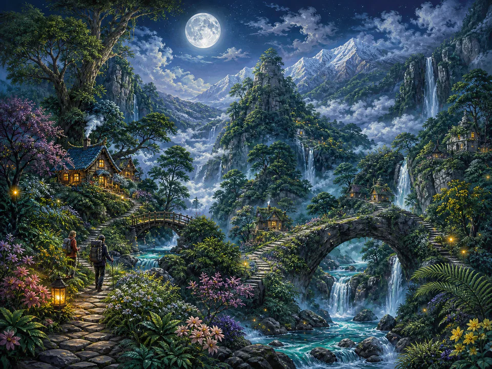 Emerald Cloud Forest, an illustrated dream landscapes jigsaw puzzle scene