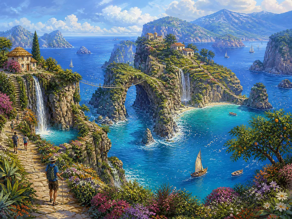 Emerald Island Cliffs, an illustrated dream landscapes jigsaw puzzle scene