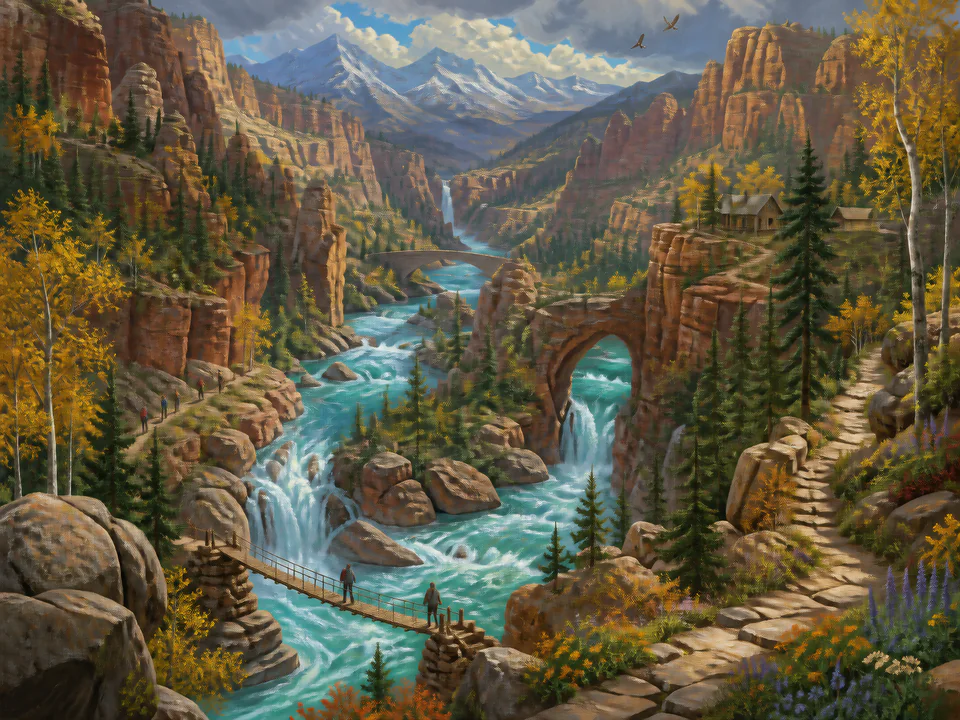 Emerald River Canyon, an illustrated dream landscapes jigsaw puzzle scene