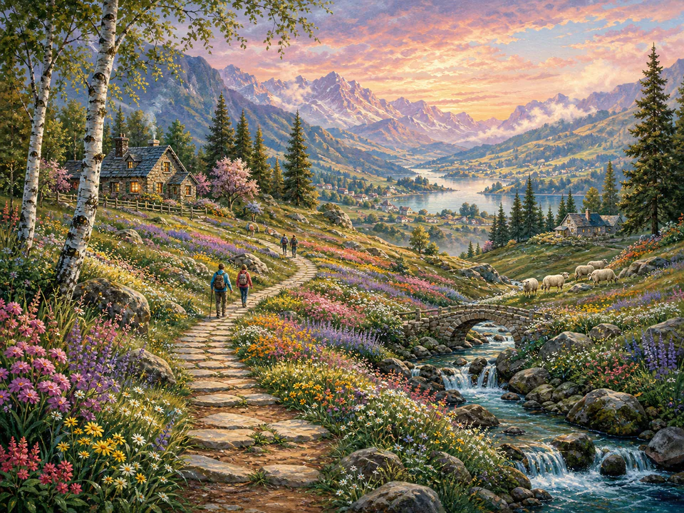 Emerald Meadow Path, an illustrated dream landscapes jigsaw puzzle scene
