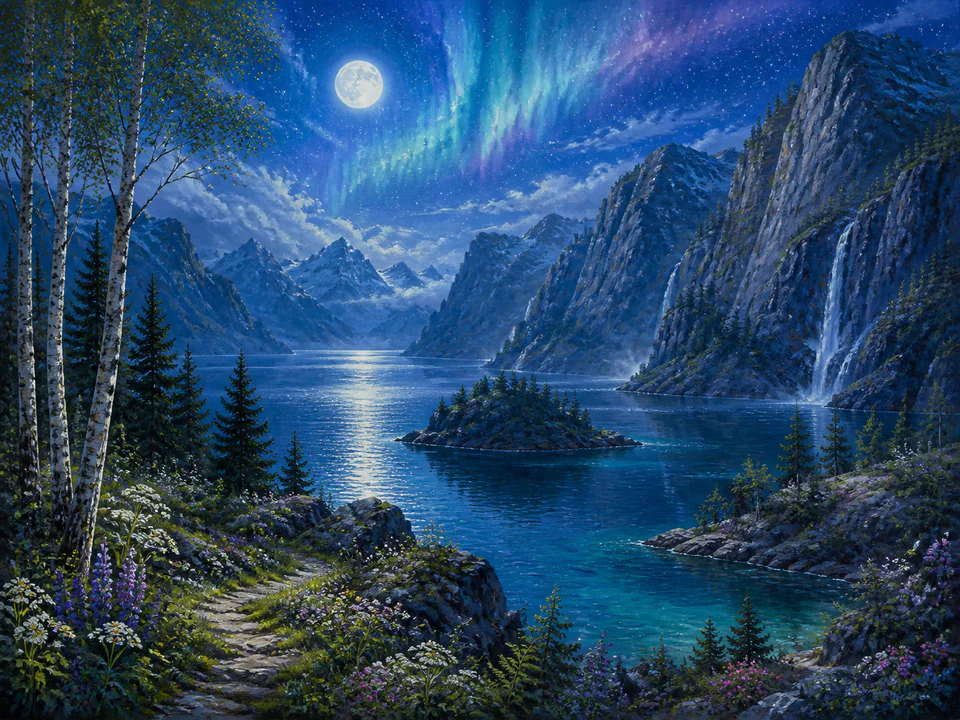 Emerald Northern Fjord, an illustrated dream landscapes jigsaw puzzle scene