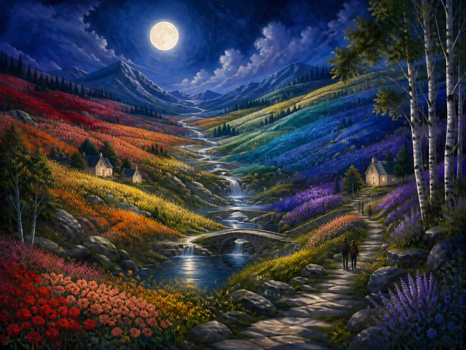Emerald Rainbow Hills, an illustrated dream landscapes jigsaw puzzle scene