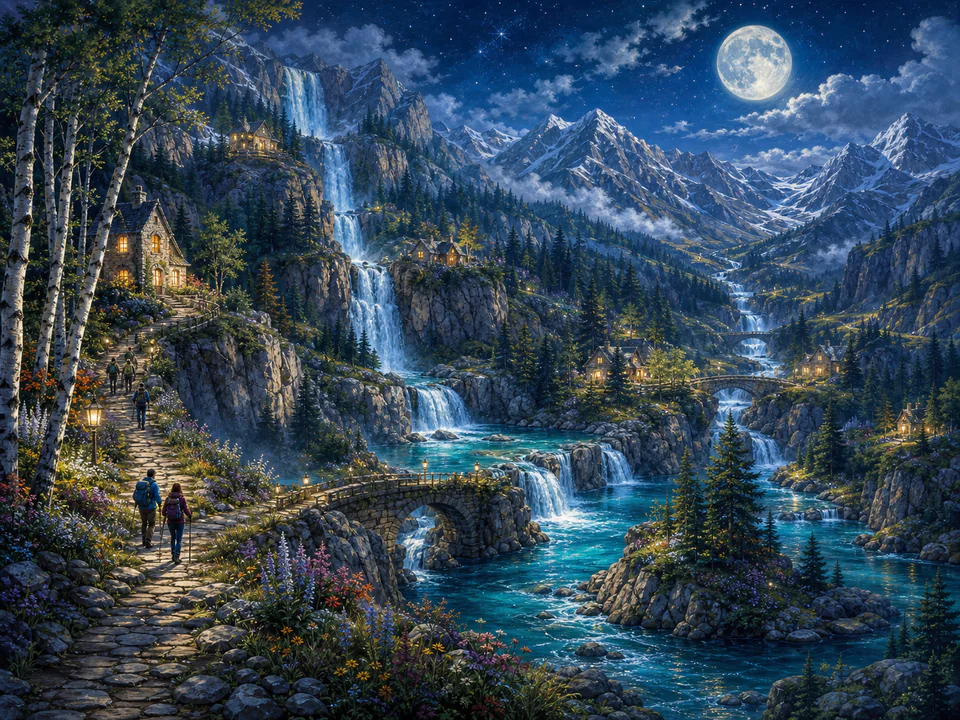 Celestial Waterfall Valley, an illustrated dream landscapes jigsaw puzzle scene