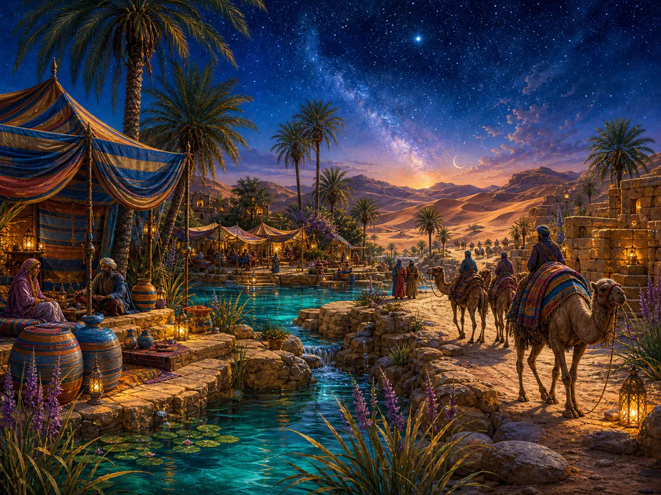 Celestial Desert Oasis, an illustrated dream landscapes jigsaw puzzle scene