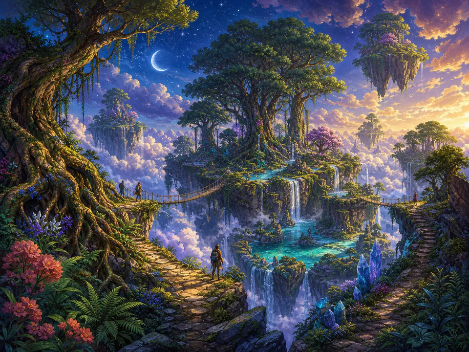 Celestial Cloud Forest, an illustrated dream landscapes jigsaw puzzle scene