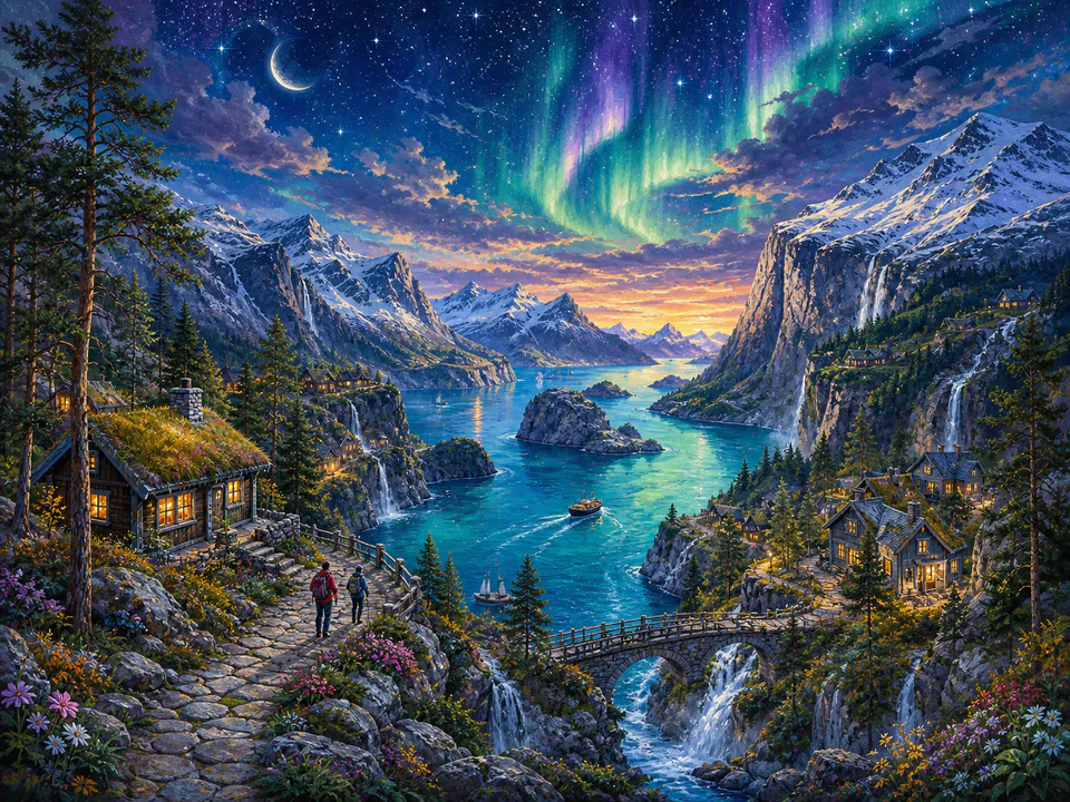 Celestial Northern Fjord, an illustrated dream landscapes jigsaw puzzle scene