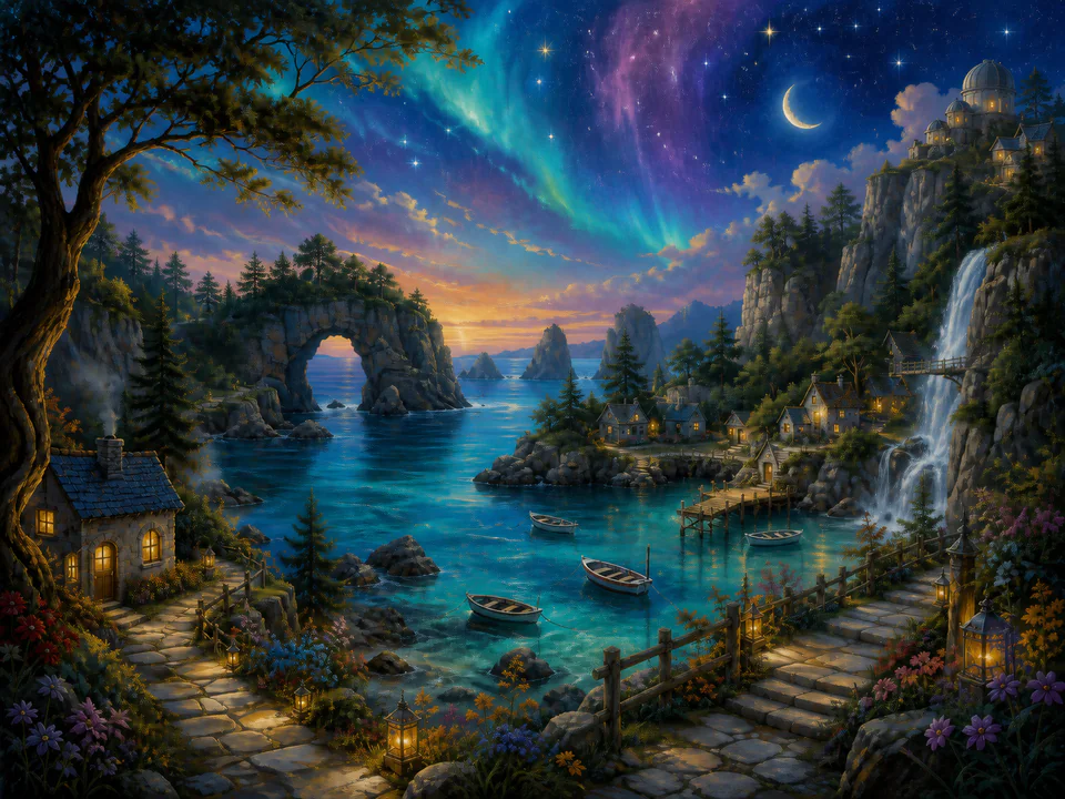Celestial Hidden Bay, an illustrated dream landscapes jigsaw puzzle scene