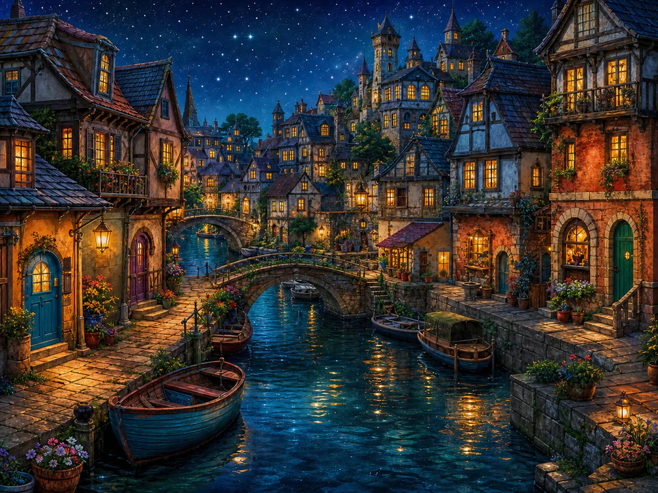 Starlit Canal Village, an illustrated fantasy villages jigsaw puzzle scene