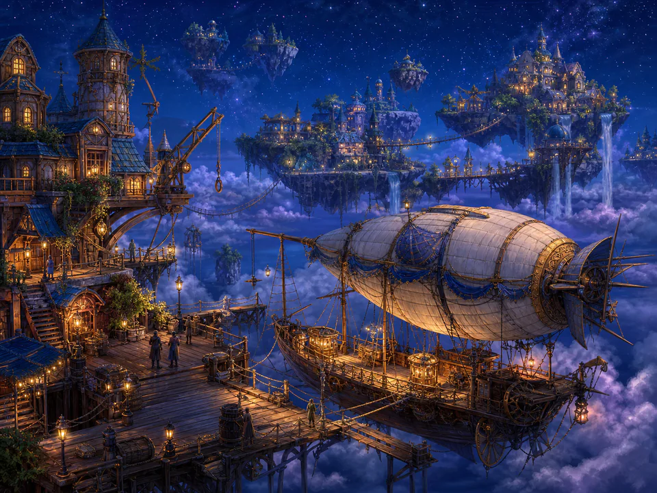 Starlit Sky Harbor, an illustrated fantasy villages jigsaw puzzle scene
