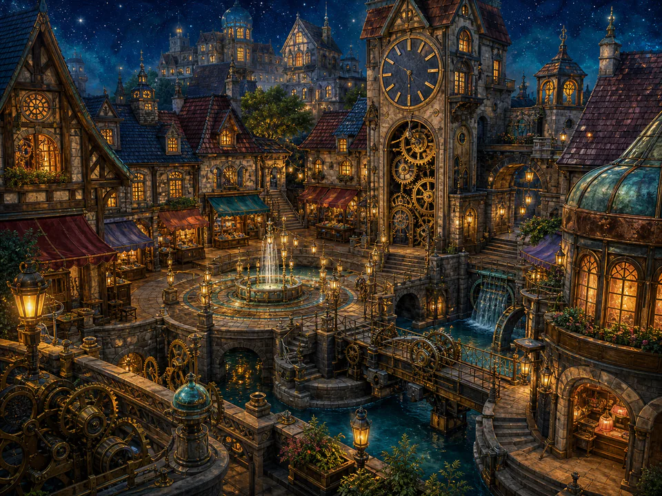 Starlit Clockwork Square, an illustrated fantasy villages jigsaw puzzle scene