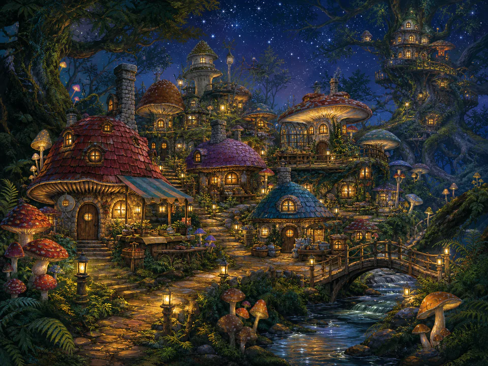 Starlit Mushroom Hamlet, an illustrated fantasy villages jigsaw puzzle scene