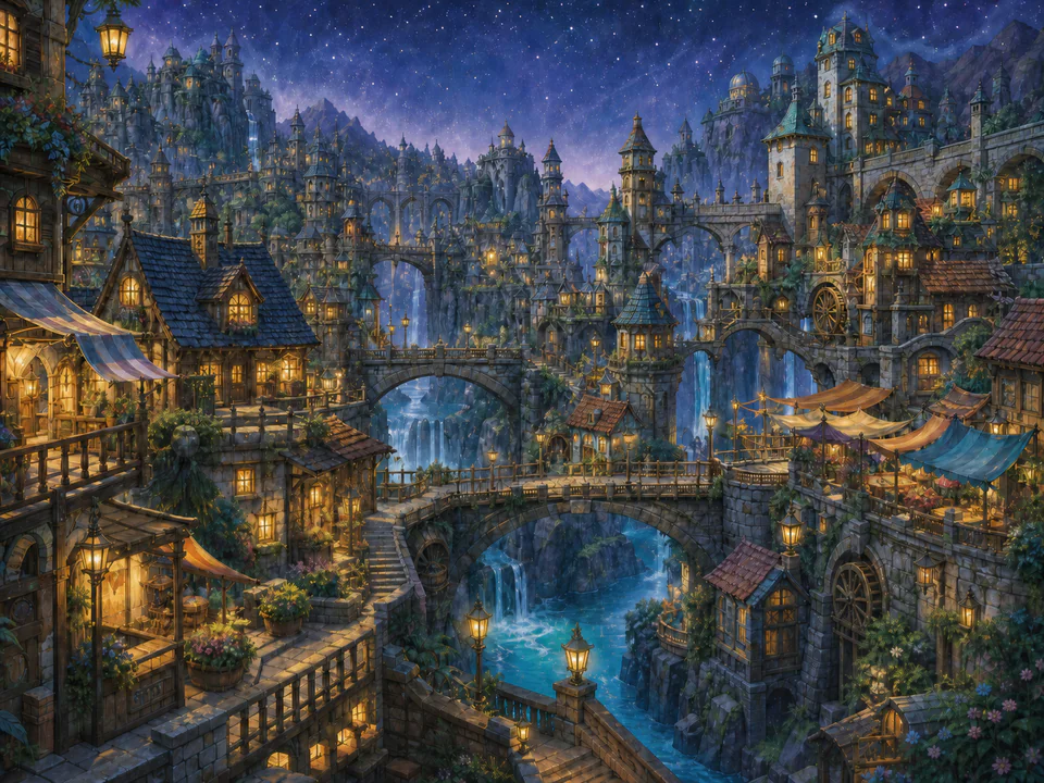 Starlit Bridge City, an illustrated fantasy villages jigsaw puzzle scene
