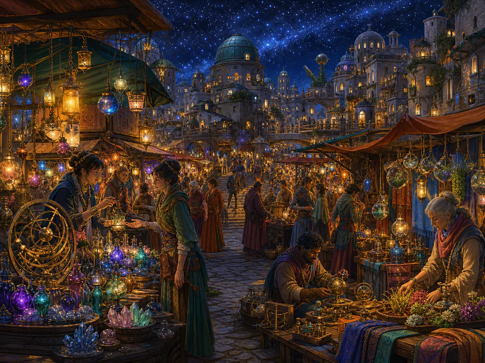 Starlit Wizard Market, an illustrated fantasy villages jigsaw puzzle scene
