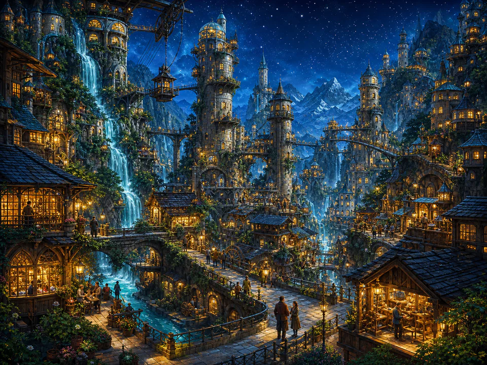 Starlit Valley Towers, an illustrated fantasy villages jigsaw puzzle scene