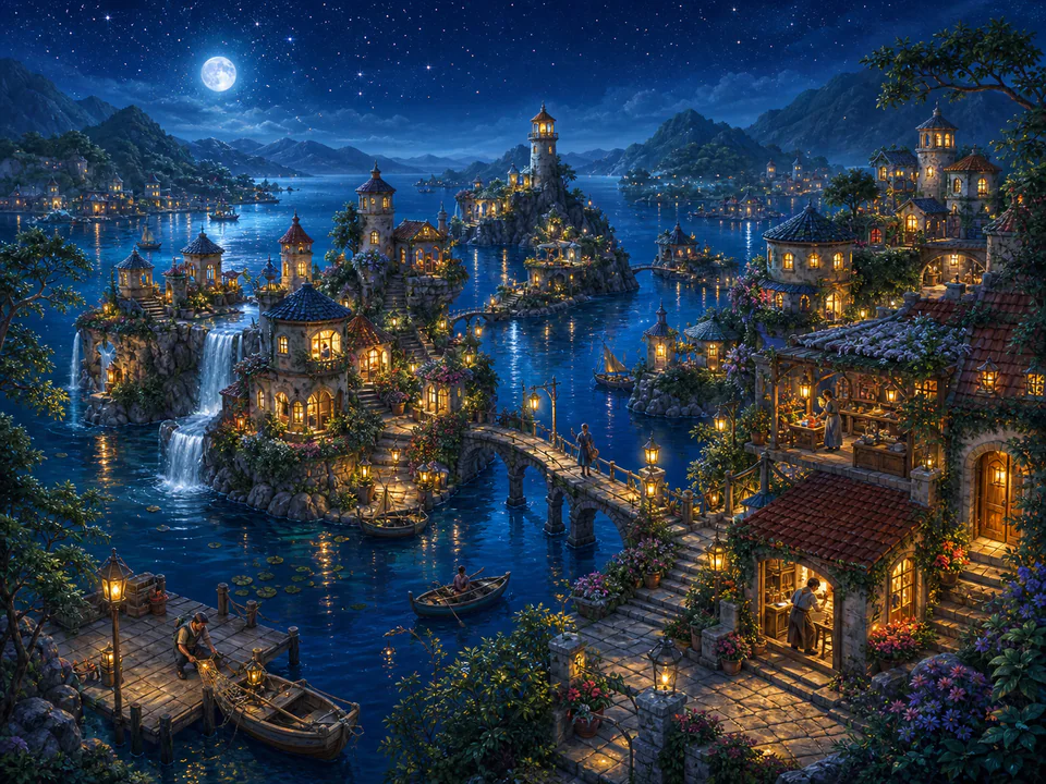 Starlit Island Homes, an illustrated fantasy villages jigsaw puzzle scene