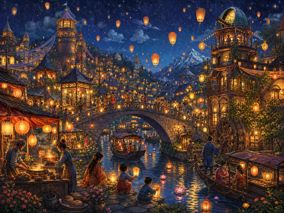 Starlit Lantern Festival, an illustrated fantasy villages jigsaw puzzle scene