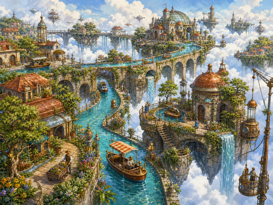 Floating Canal Village, an illustrated fantasy villages jigsaw puzzle scene