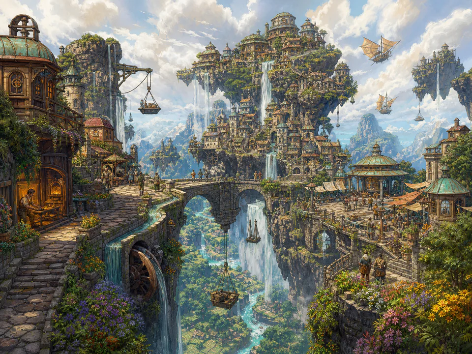 Floating Mountain Town, an illustrated fantasy villages jigsaw puzzle scene