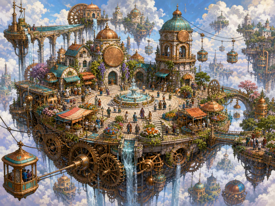 Floating Clockwork Square, an illustrated fantasy villages jigsaw puzzle scene