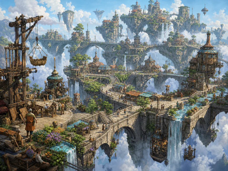 Floating Bridge City, an illustrated fantasy villages jigsaw puzzle scene