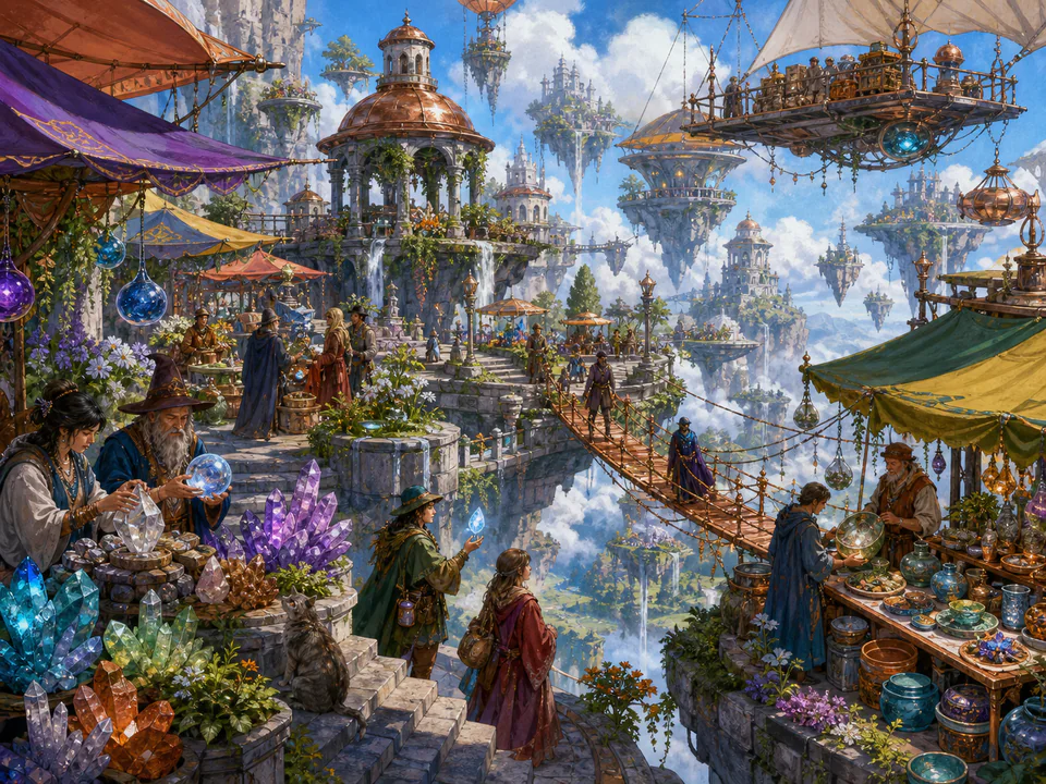 Floating Wizard Market, an illustrated fantasy villages jigsaw puzzle scene