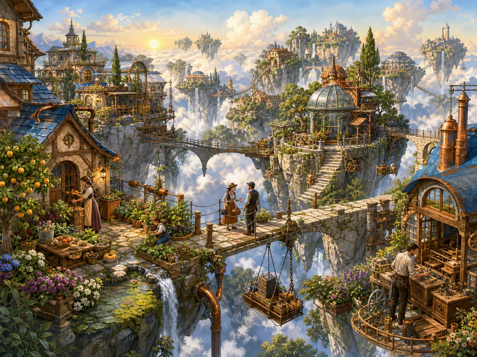 Floating Island Homes, an illustrated fantasy villages jigsaw puzzle scene