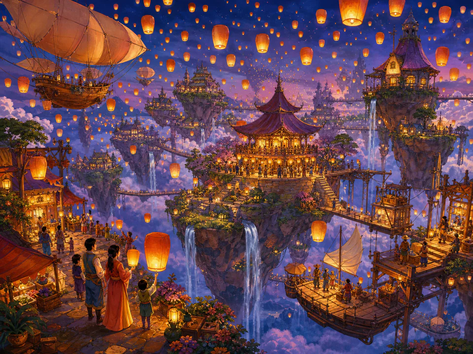 Floating Lantern Festival, an illustrated fantasy villages jigsaw puzzle scene