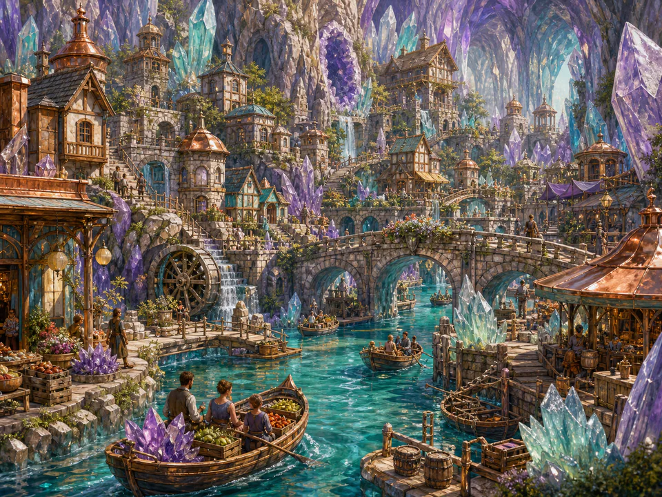 Crystal Canal Village, an illustrated fantasy villages jigsaw puzzle scene