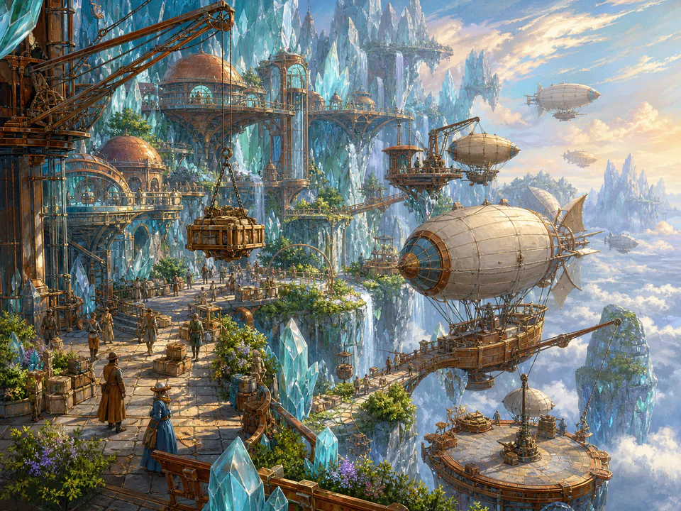 Crystal Sky Harbor, an illustrated fantasy villages jigsaw puzzle scene